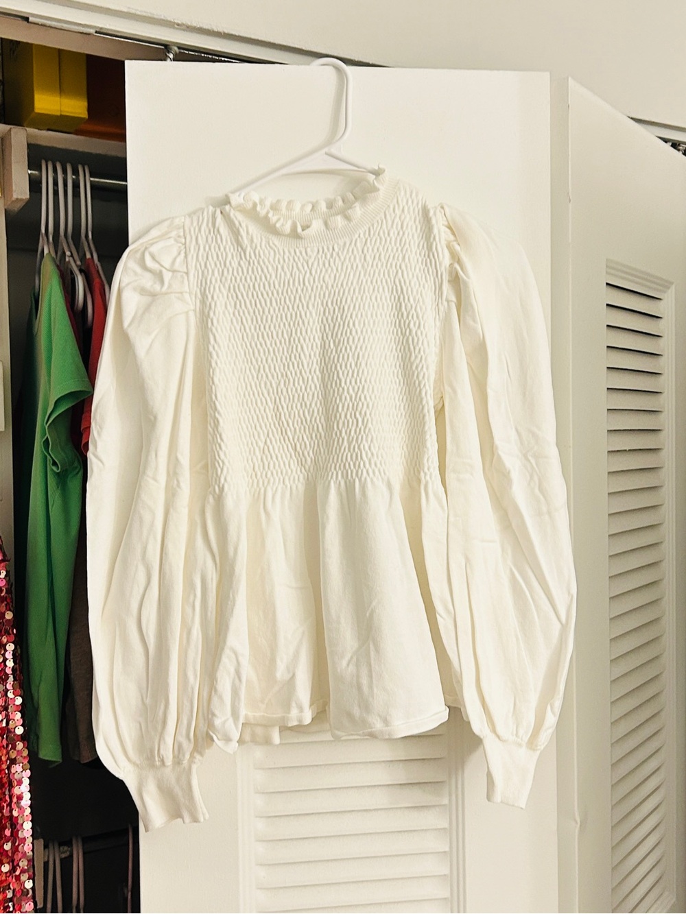 Women's Cream Smocked Peplum Blouse